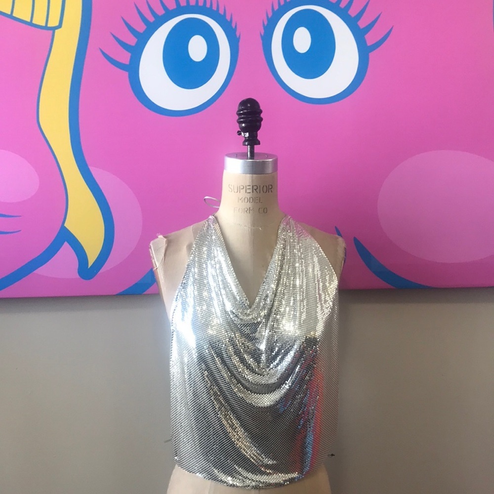 Whiting & Davis Metal Mesh Silver Halter Top 1970s